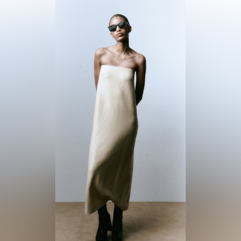 ZARA NEW WOMAN LONG OFF-SHOULDER SEQUINNED KNIT DRESS ECRU M